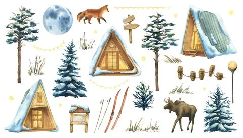 Large clipart set with cabins, fox, moose, moon, snowy pines, and winter forest Stock Illustration