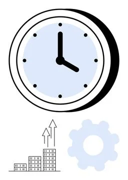 Large clock above a rising bar chart with arrows and a gear icon. Ideal for b Stock Illustration