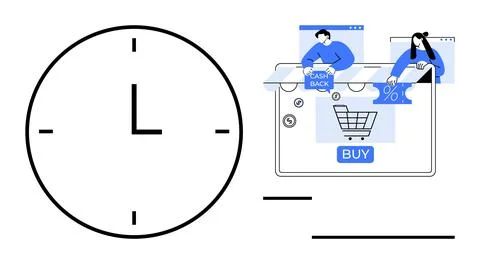 Large clock and a digital shopping illustration with users, cashback, and car Illustrazione stock
