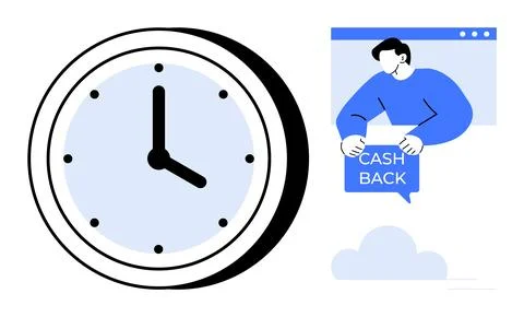Large Clock and Man Holding Cash Back Sign Inside Browser Window Stock Illustration
