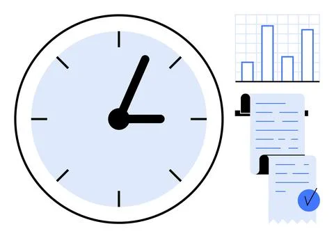 Large clock with bar chart and long receipt with a checkmark. Ideal for time  스톡 일러스트