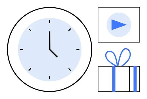 Large clock with black hands, play button in blue circle, and neatly wrapped  스톡 일러스트
