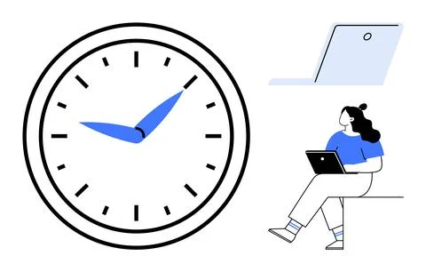Large clock with blue hands signifies time management, person working on a la Stock-Illustration