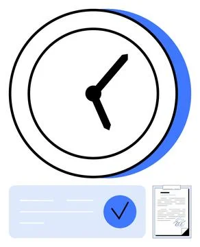 Large clock with clipboard, signed document, and completed task notification Stock Illustration