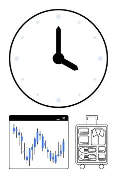 Large clock indicating time, stock market graph showing data trends, packed s 스톡 일러스트