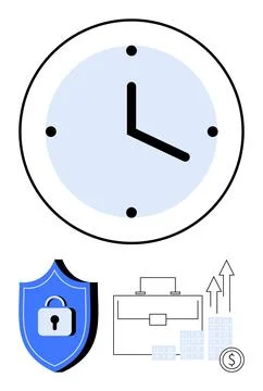 Large clock symbol above blue security shield with lock, briefcase, and arrow Ilustración de archivo