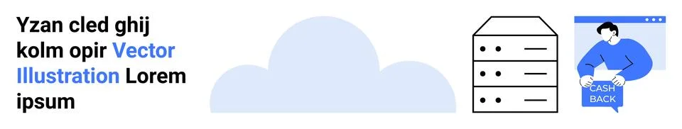 Large cloud, data server with three compartments, person receiving cash back  Stock Illustration