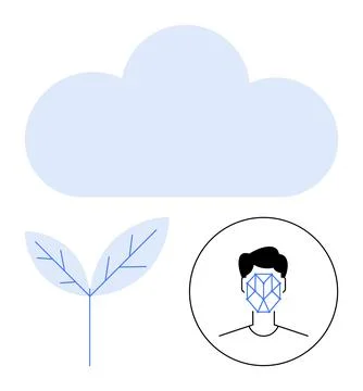 Large cloud, facial recognition diagram on a human face, and plant with leave Illustrazione stock