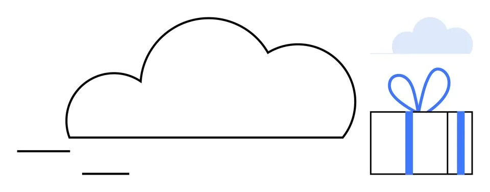 Large cloud with flowing lines, small blue-shaded cloud, and gift box with bl Stock Illustration