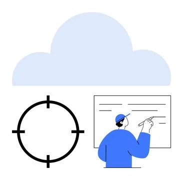 Large cloud icon above a target symbol and person pointing at data on a board Stock Illustration