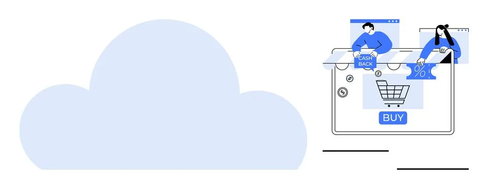 Large cloud icon and a computer screen showing people shopping online. Ideal  Illustrazione stock