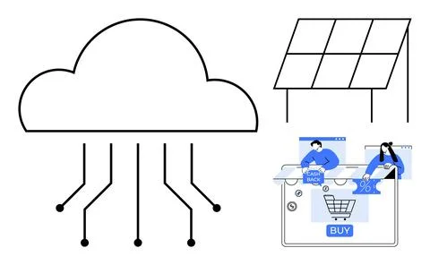 Large cloud icon with circuit lines, solar panel, and online shopping cart wi Stock Illustration