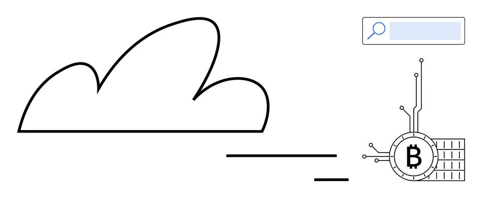 Large cloud icon connected to a Bitcoin symbol on a circuit board, with a sea Stock Illustration