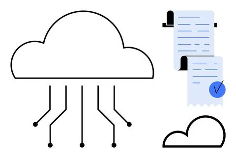 Large cloud icon with connecting lines, digital documents with check marks, a Illustrazione stock