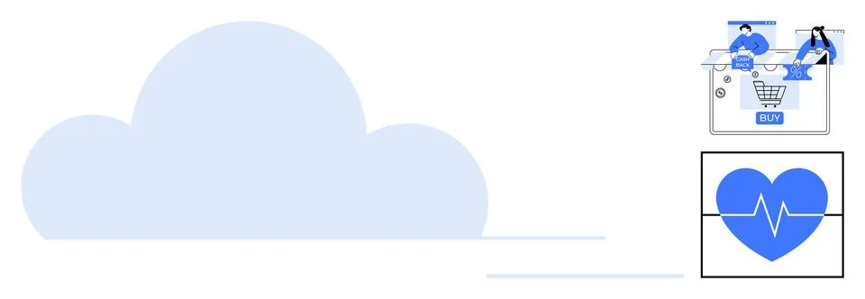 Large cloud icon with e-commerce shopping cart featuring two people, dollar s Stock Illustration