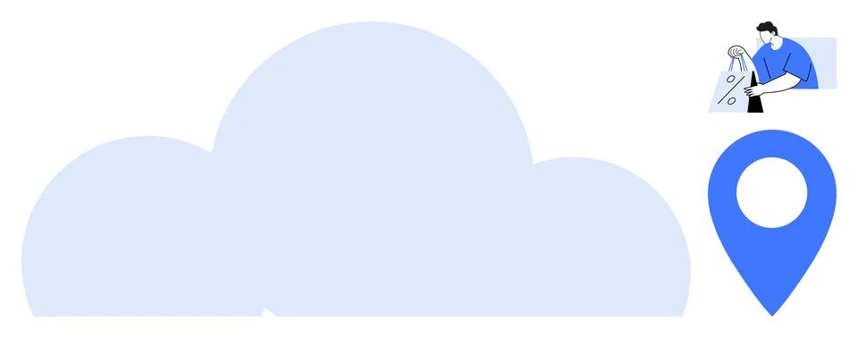 Large cloud icon, person adding security codes, and location marker symbol. I Stock Illustration