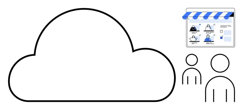 Large cloud icon, a storefront window symbol with icons and graphics, and two Ilustração Stock