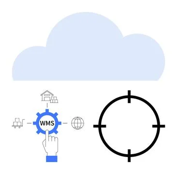 Large cloud icon with a WMS gear icon, warehouse, globe, and shipping element Stock Illustration