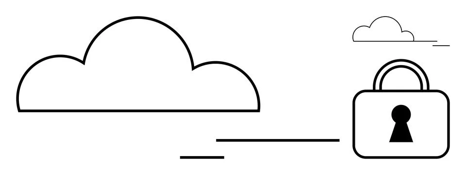 Large cloud linked to a padlock with keyhole. Smaller clouds in background. I Stock Illustration