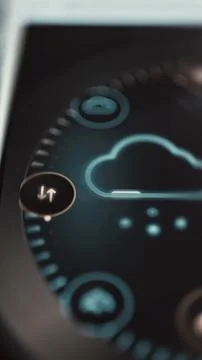 Large cloud outline appears beside a bronze button carrying opposing upload Fotos Stock