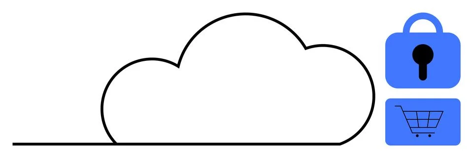 Large cloud outline with blue lock and shopping cart icons. Ideal for cloud s Stock Illustration