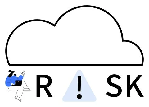 Large cloud outline with exclamation mark inside a triangle forming letter A  Stock Illustration