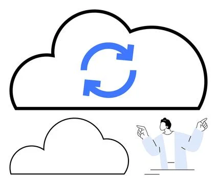 Large cloud outline with refresh arrows, empty cloud, person gesturing. Ideal Stockillustratie