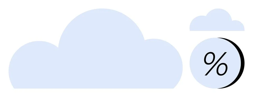 Large cloud shape with smaller cloud, percentage symbol encased in a circle.  Ilustración de archivo
