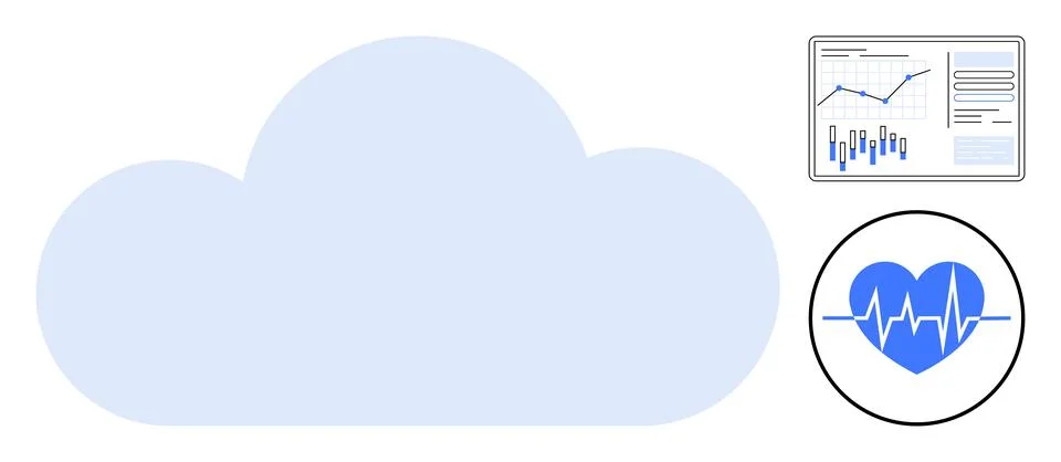 Large cloud shape symbolizing cloud computing, data analytics chart, heart wi Stock Illustration