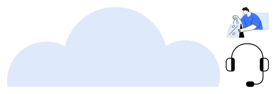 Large cloud shape with technician inspecting gear and headset icon. Ideal for 库存插图