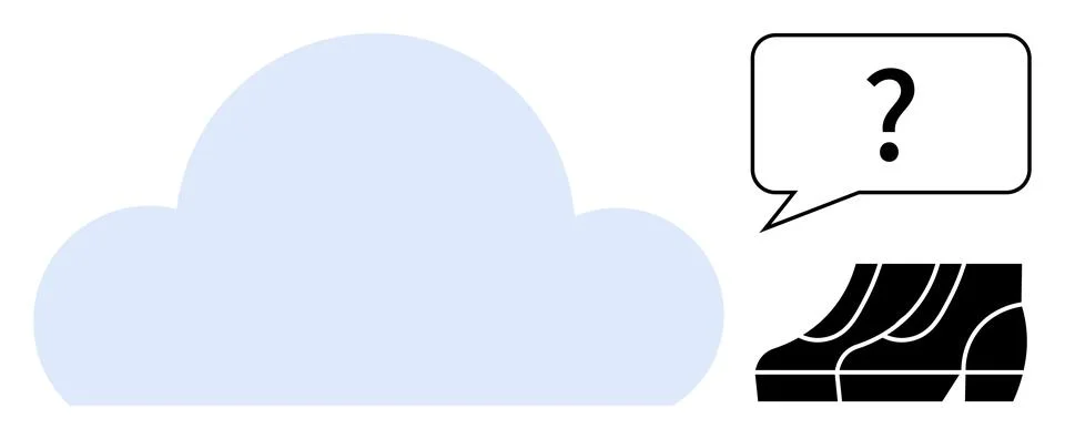 Large cloud with speech bubble containing question mark above stylized shoes. Ilustração Stock