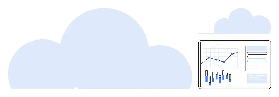 Large cloud symbol with digital screen displaying line chart and bar graph. I Stock Illustration