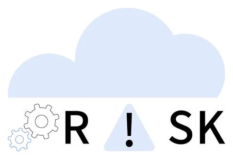 Large cloud symbol with gear icons and warning triangle with exclamation mark Stock Illustration