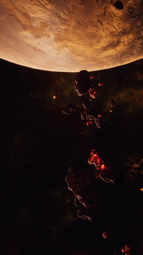 A large cluster of asteroids near an unknown planet, vertical Stock Footage 326209169