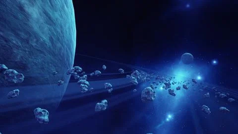 A large cluster of asteroids near an unknown planet Stock Illustration