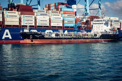Large CMA CGM container ship unloading cargo under gantry cranes at port of.. Stock Photos