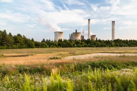 A large coal-fired power station behind some trees and a green field. Stock Photos