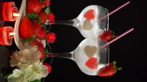 Large cocktail glasses with straw Valentine's Day composition, 4k vertical video Stock Footage 157788341
