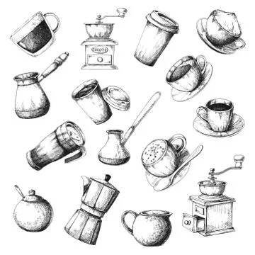 Large coffee set. Sketch the different cups of coffee, coffee pots Stock Illustration