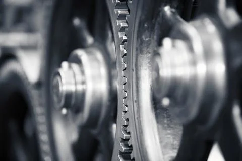 Large cog wheels in the motor - selective focus Fotos Stock
