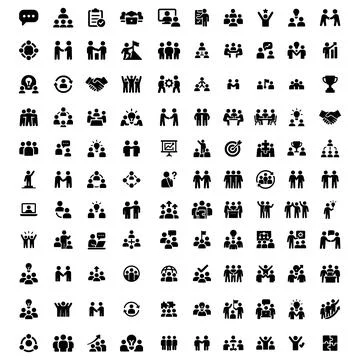 Large collection of 100 solid black icons depicting team and collaboration .. Stock Illustration