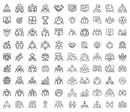 Large collection of 100 team and collaboration line icons isolated on white.. Illustrazione stock