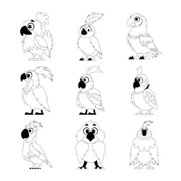A large collection of amusing and adorable parrot, made in a straight line. C Stock Illustration