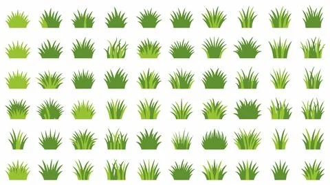Large collection of assorted green grass tufts and blades with landscape Stock Illustration