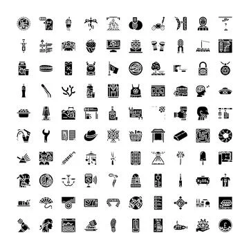 Large collection black flat glyph icons set Stock Illustration