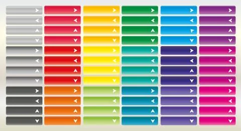 Large collection of bright web buttons with arrow. Combination of all primary Illustration