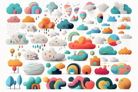 A large collection of clouds and trees with a rainbow in the middle of them.. イラスト素材