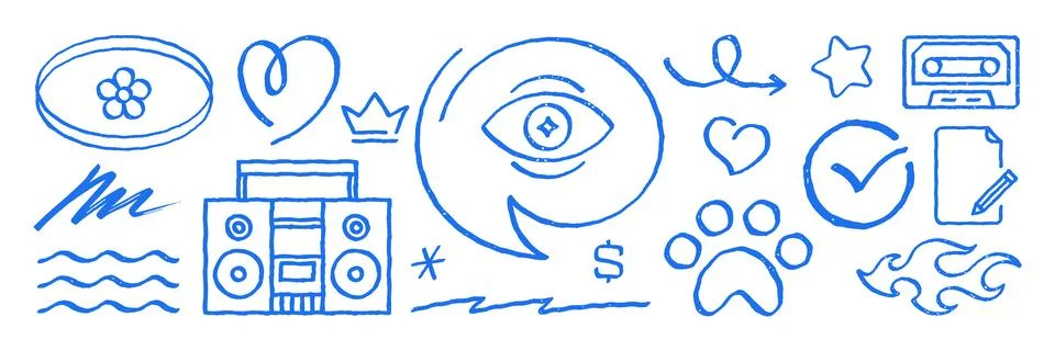 A large collection of creative hand-drawn grunge icons. Unique whimsical dood Stock Illustration