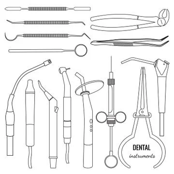 A large collection of dental instruments in a line art Stock Illustration