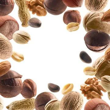Large collection of different nuts on a white background Stock Photos